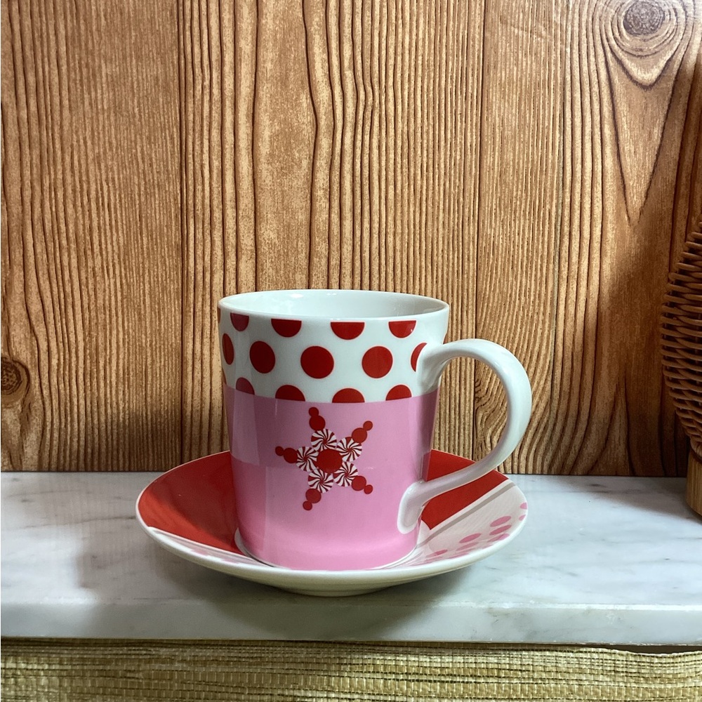 Starbucks Pink and Red Peppermint Starburst Mug with Saucer